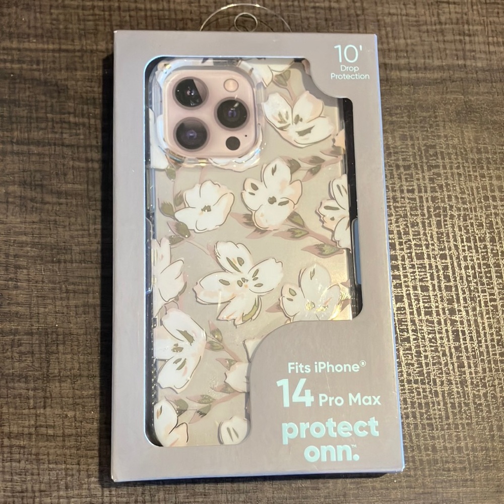 Protect ONN iphone 14 Pro Case (3 Camera) White Whisp Floral NEW